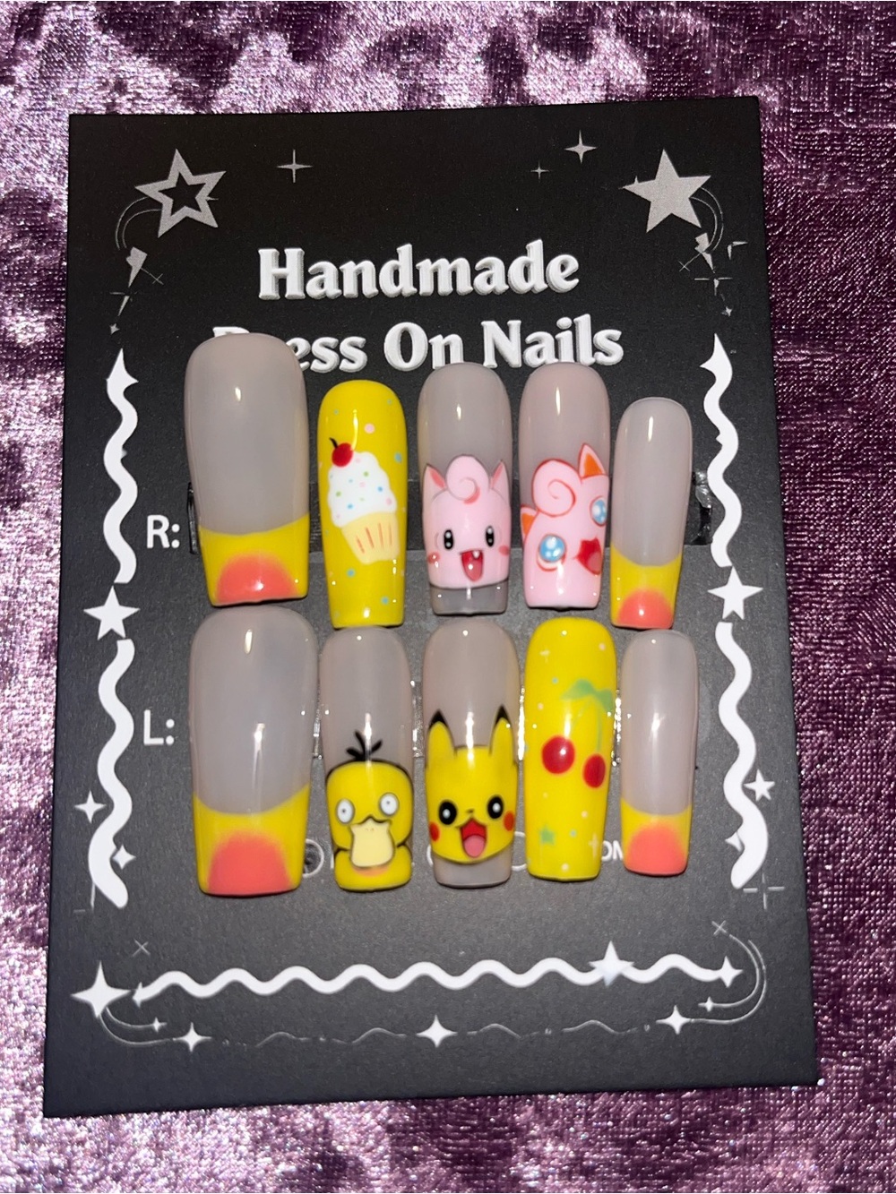 Handmade Press-On Nails in Yellow & Gray with Cute Character Design